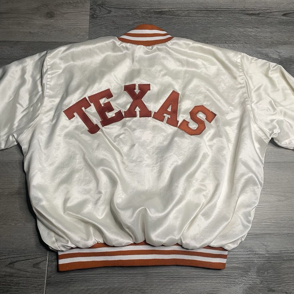 Vintage 90s Texas Longhorns Satin Bomber Jacket Quiz II White Varsity Mens XL